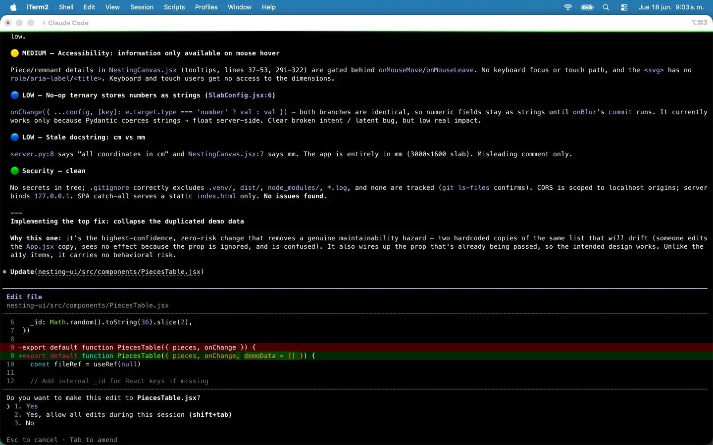 Claude Code running an automated code audit in iTerm2, with findings ranked by severity and an approved diff editing a React component