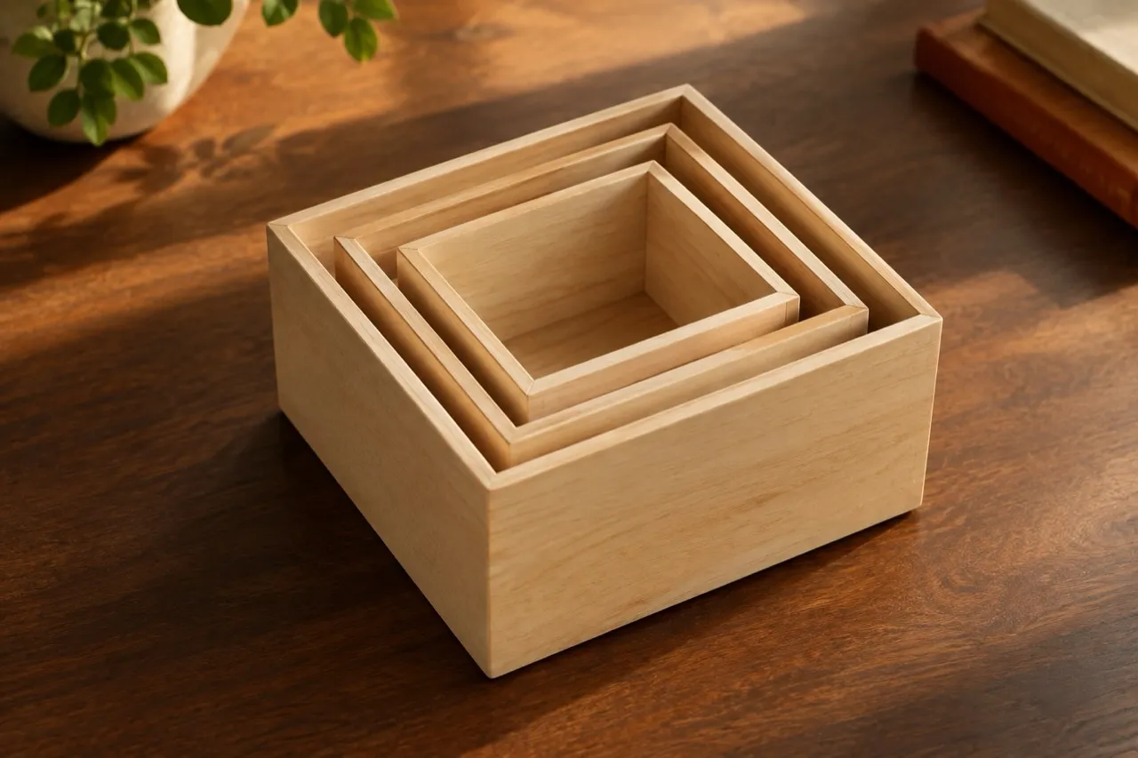 Three open light-wood boxes nested inside one another on a walnut desk in warm window light