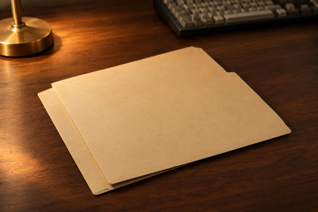 Two unlabeled manila folders on a walnut desk under a brass lamp, the top folder covering almost all of the one beneath it