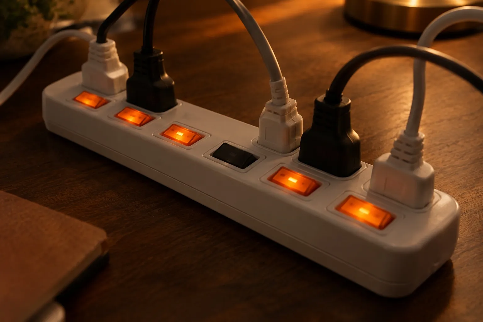 A white power strip on a walnut desk with five rocker switches glowing orange and one switch in the middle dark