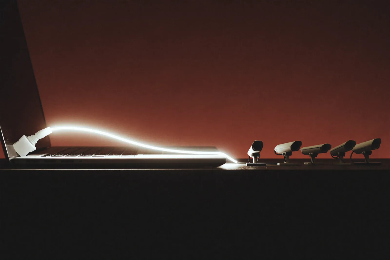 A glowing data cable streams out of a laptop toward a row of surveillance cameras, illustrating editor context flowing to an AI vendor past traditional monitoring