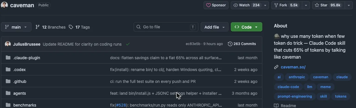 The caveman repository on GitHub: 95.8k stars, 5.5k forks and 263 commits, described as a Claude Code skill that cuts 65% of tokens by talking like caveman