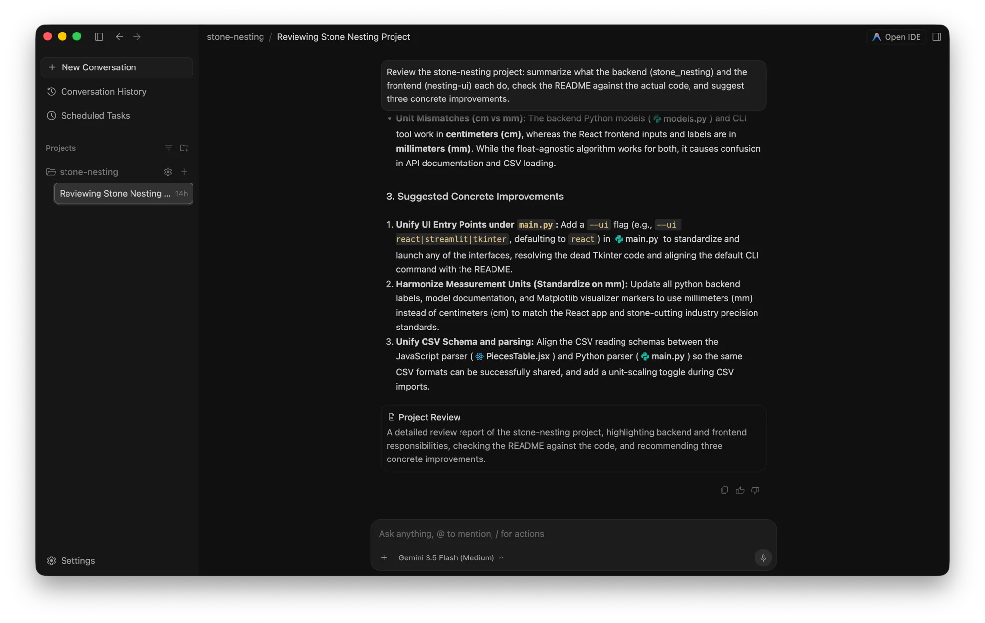 The Antigravity 2.0 desktop app reviewing a project: a Projects sidebar with Conversation History and Scheduled Tasks, the agent returning a Project Review artifact, and the Gemini 3.5 Flash model picker at the bottom