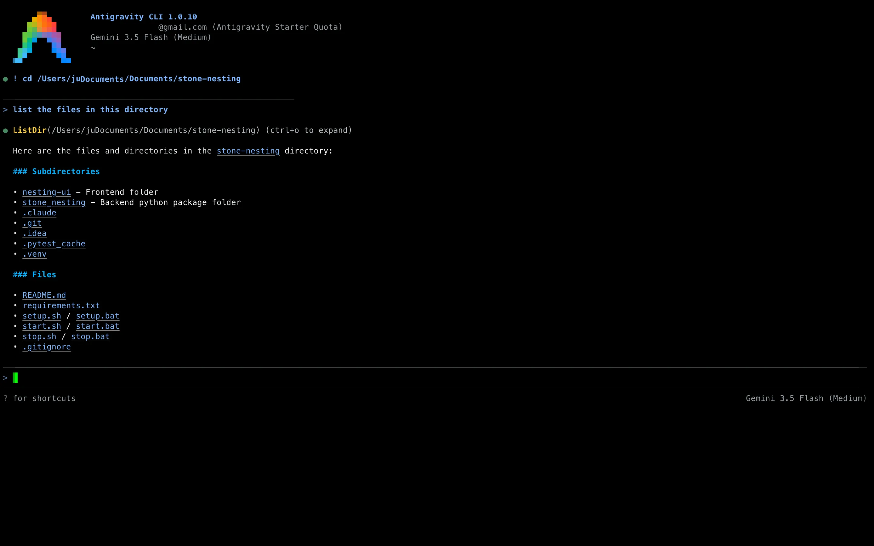 Antigravity CLI running in the terminal, using its ListDir tool to map a project's folder structure in response to a prompt