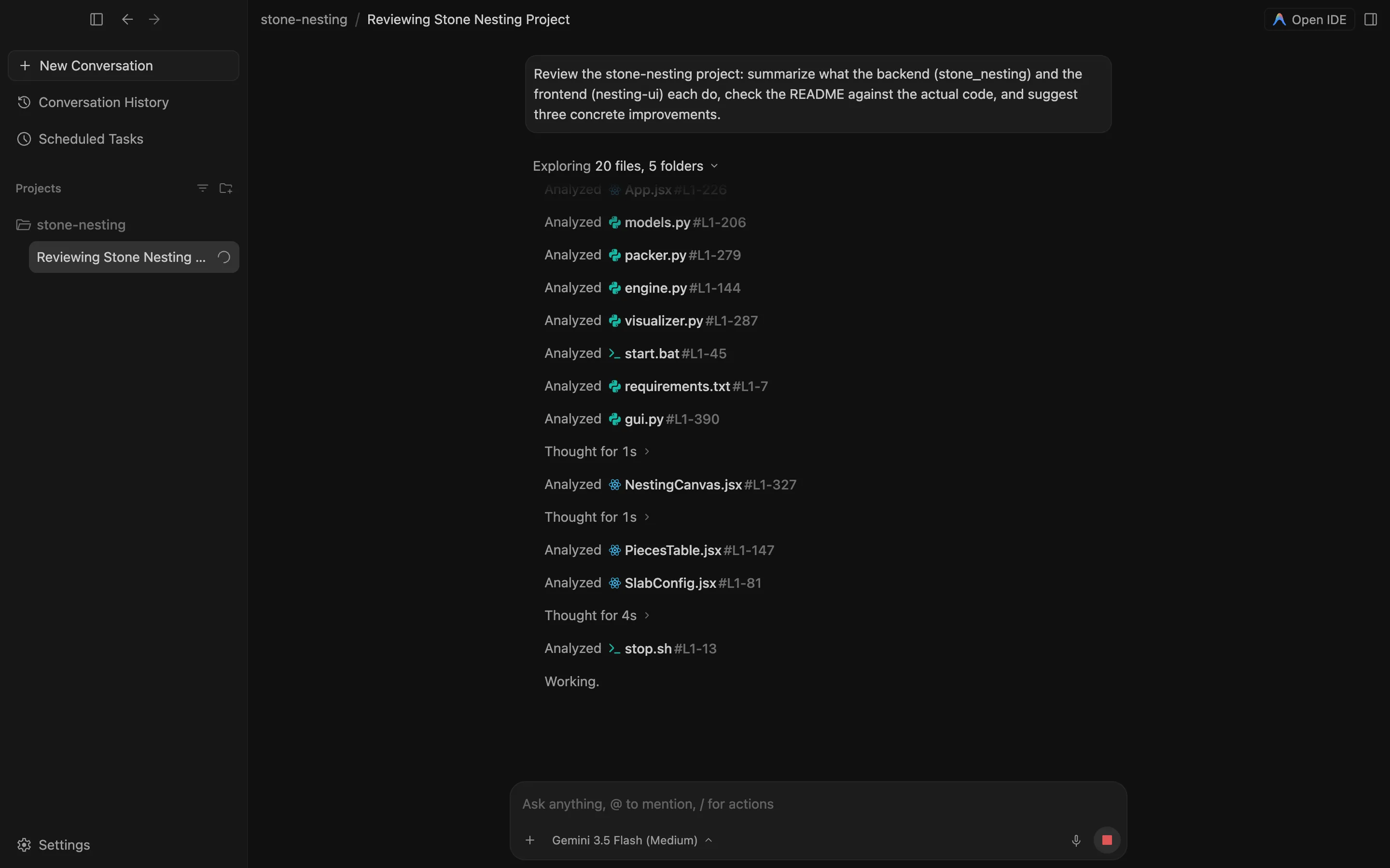 Antigravity's agent exploring a codebase on its own — analyzing files across folders before drafting its review