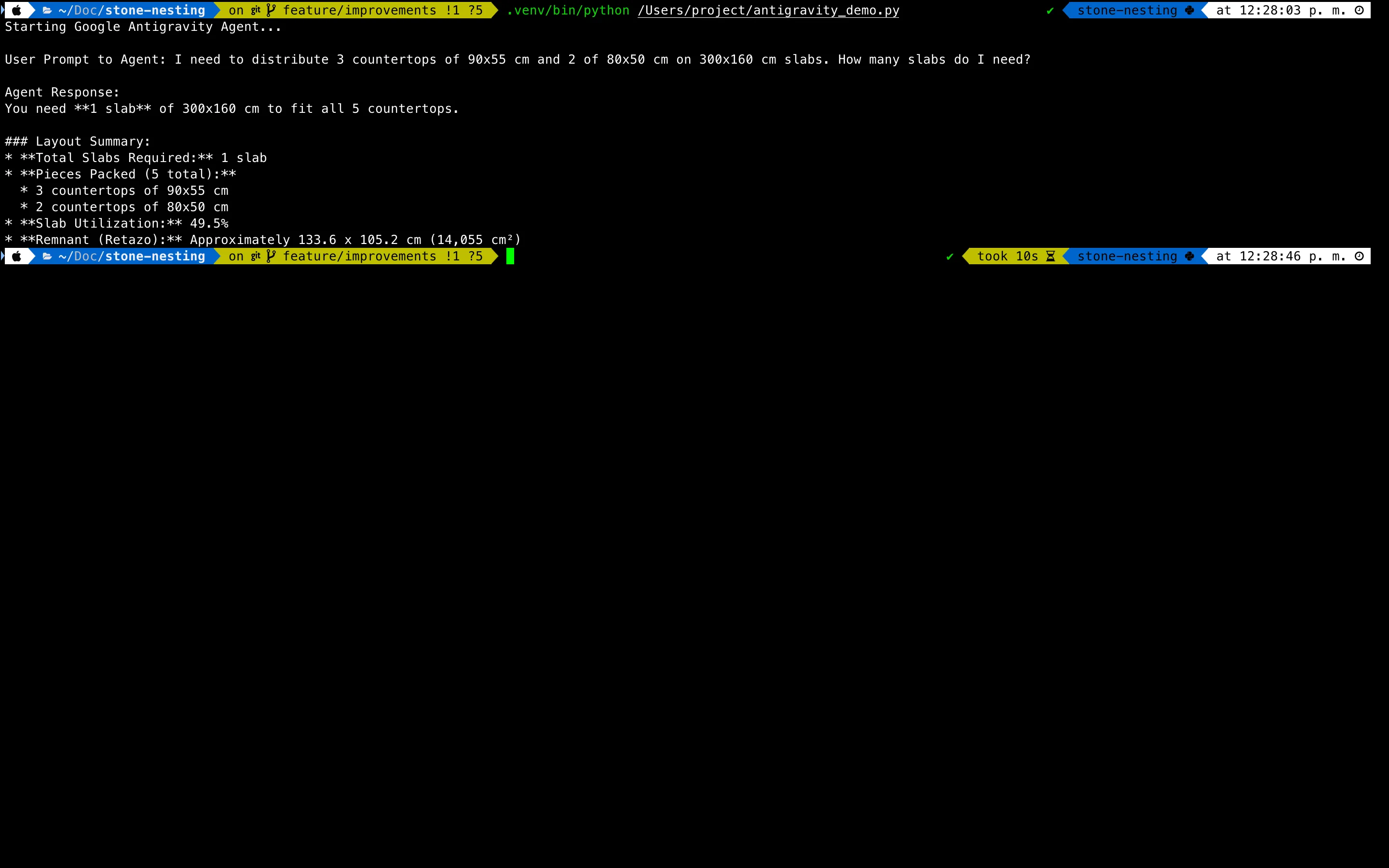 A terminal running a Python script built on the Antigravity SDK: "Starting Google Antigravity Agent...", a user prompt about fitting countertops on slabs, and the agent's response with a layout summary, finishing in 10 seconds