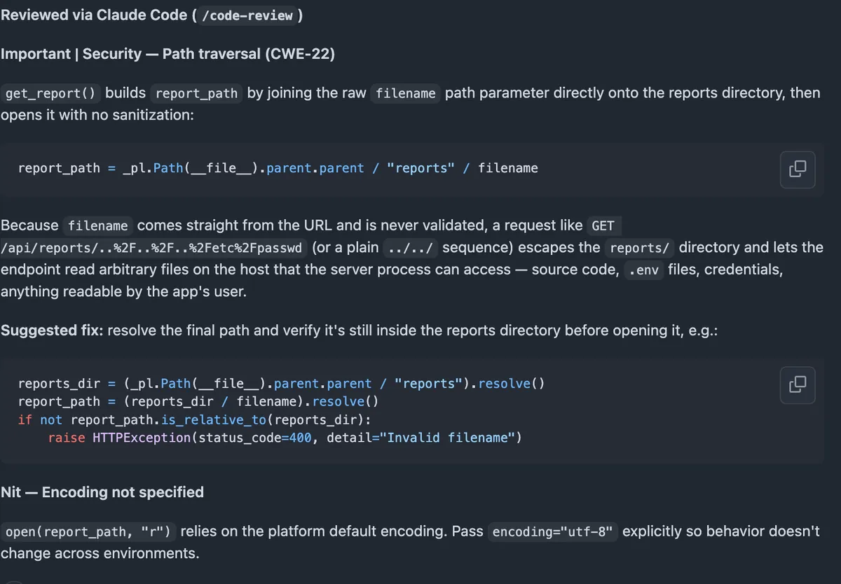 Claude Code's review comment flagging a path-traversal vulnerability in an endpoint that builds a file path from an unsanitized filename parameter, with an explanation, exploit example, and suggested fix