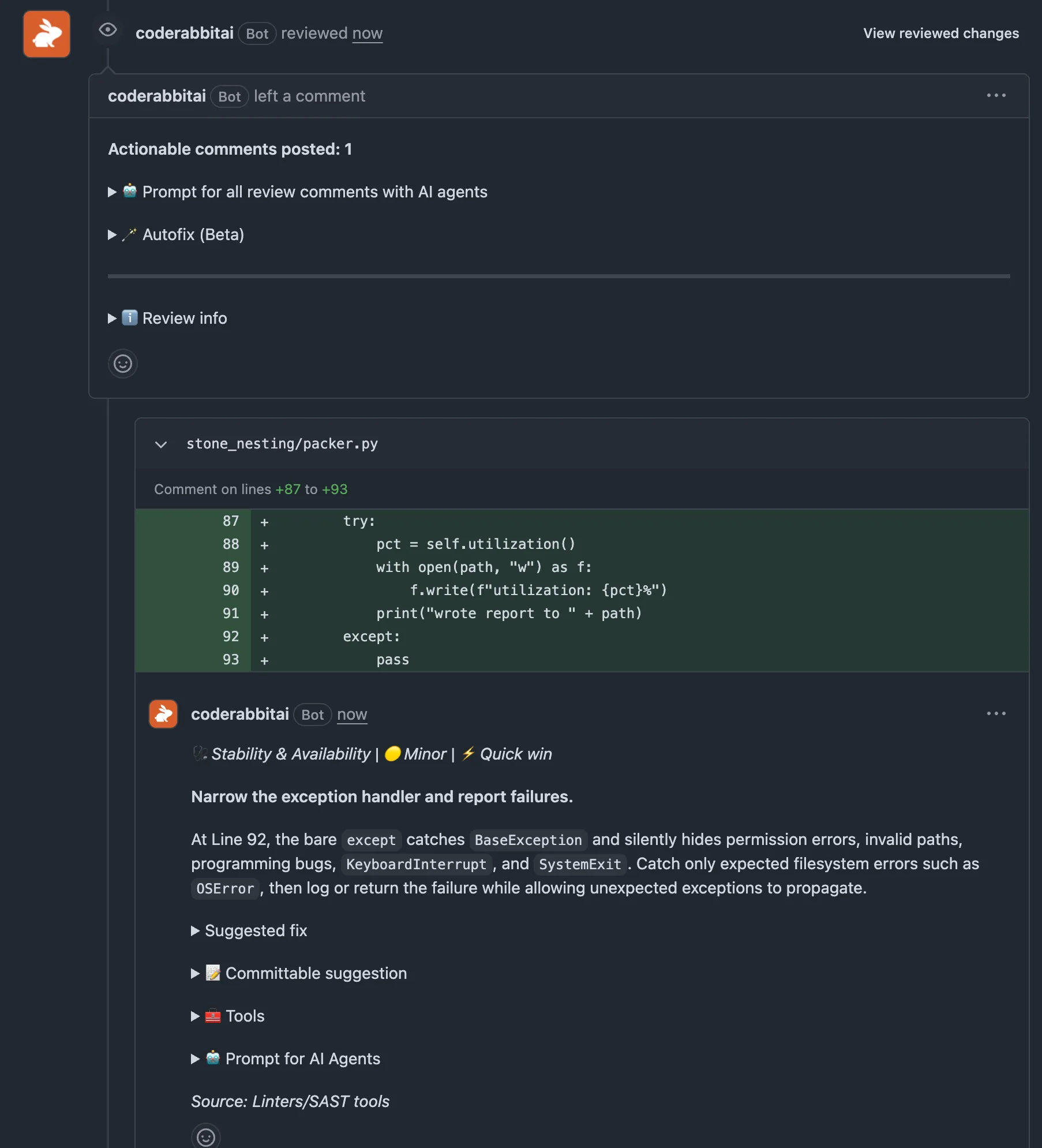 CodeRabbit's inline review comment on a pull request flagging a bare except: pass on lines 87–93, tagged Stability & Availability, Minor, Quick win, with an explanation and a suggested fix.