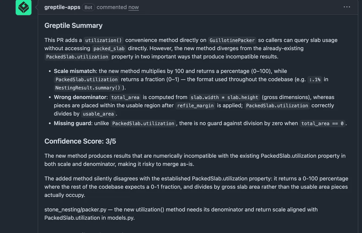 Greptile's review summary flagging a new utilization method as numerically incompatible with an existing one elsewhere in the codebase, listing a scale mismatch, wrong denominator, and missing zero-division guard, with a confidence score of 3 out of 5