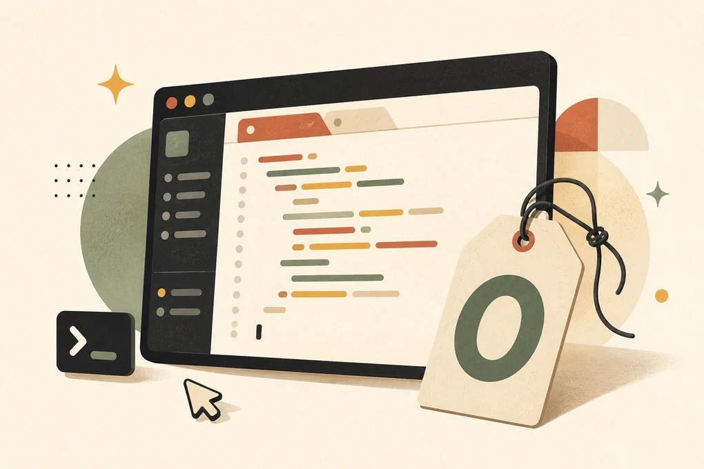 Flat editorial illustration of a code editor window next to a zero-cost price tag, representing free AI coding assistants