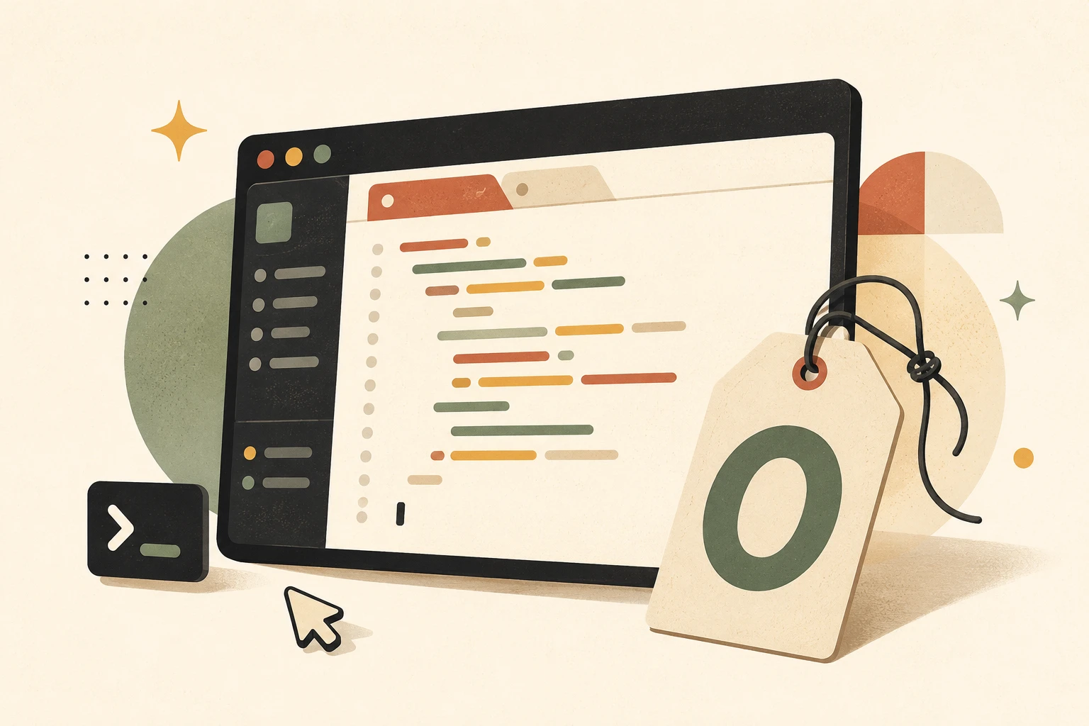 Flat editorial illustration of a code editor window next to a zero-cost price tag, representing free AI coding assistants