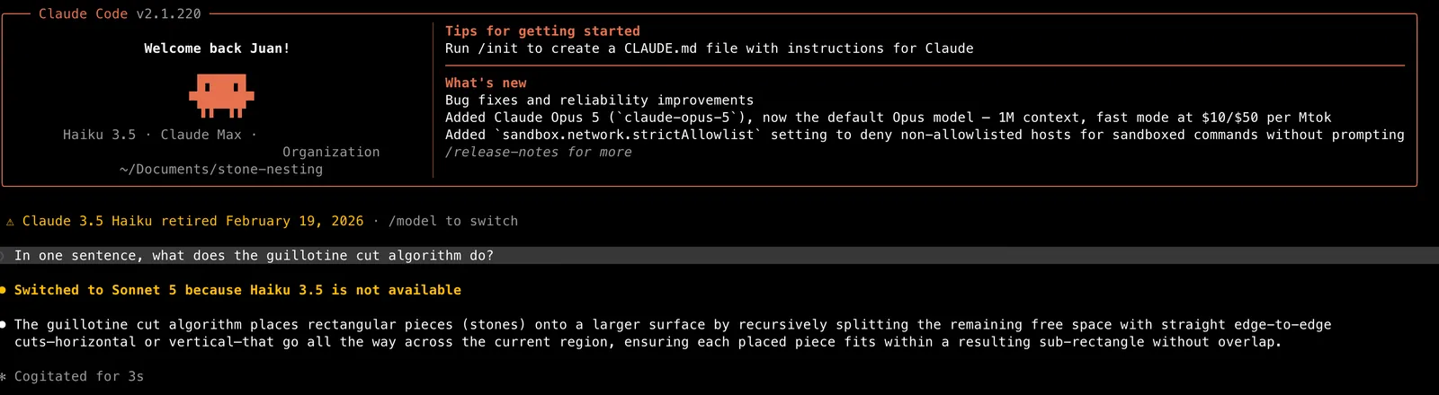 Claude Code 2.1.220 in a terminal. A warning reads "Claude 3.5 Haiku retired February 19, 2026". Below the prompt, a highlighted line reads "Switched to Sonnet 5 because Haiku 3.5 is not available", followed by the answer.