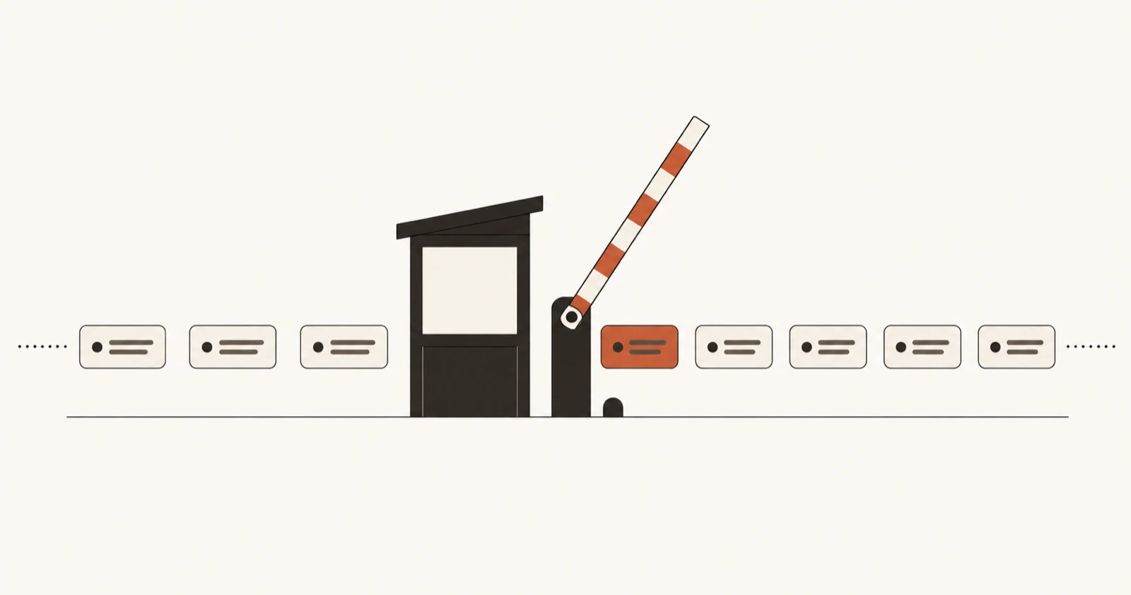 Flat editorial illustration: a row of small card-like command tokens flows left to right past a checkpoint booth whose barrier arm is raised, letting them through; a single token is tinted terracotta