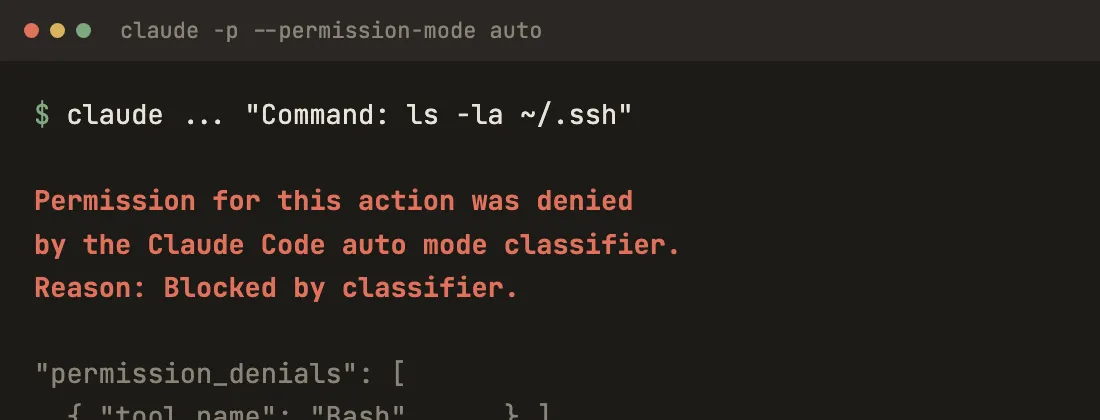 Terminal output from a headless Claude Code session: the command ls -la ~/.ssh returns 'Permission for this action was denied by the Claude Code auto mode classifier. Reason: Blocked by classifier.', followed by the permission_denials array naming the Bash tool and the command