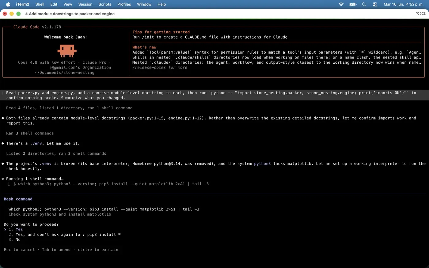 Claude Code running in the terminal on Opus 4.8 (Claude Pro), reading files and asking permission before running a command