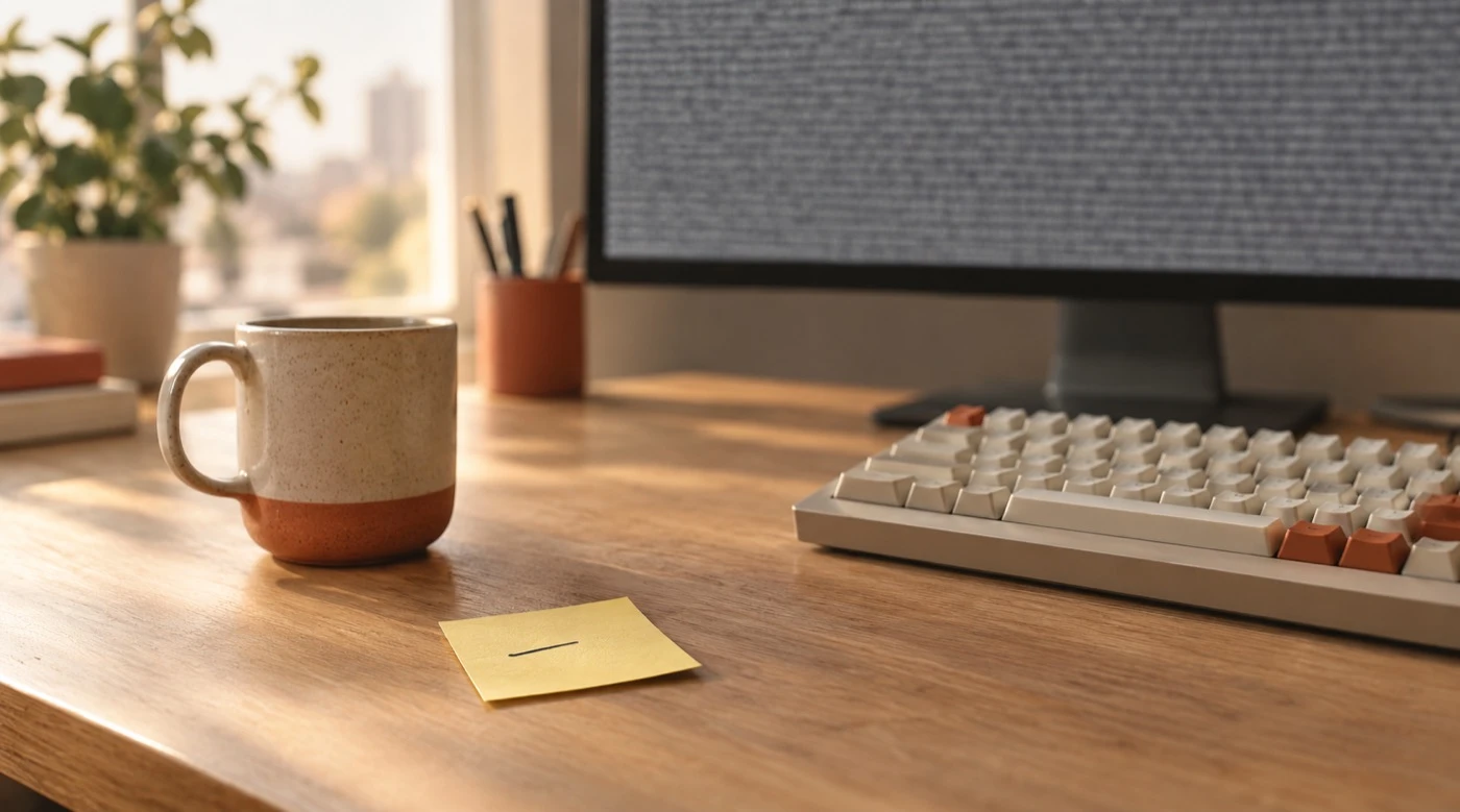 A sunlit desk where the monitor is filled edge to edge with dense, unreadable text while a single yellow sticky note on the wood carries one short line