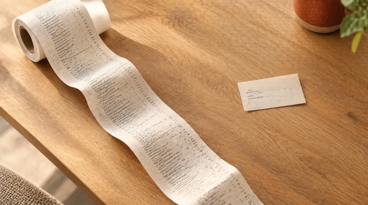 A long till roll unspooling across a wooden desk and spilling off the edge, next to a slip of the same paper only three lines long