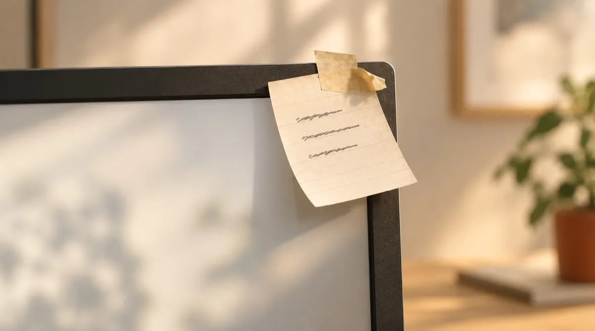A handwritten index card taped to the corner of a monitor, curled and peeling away from the screen, its lines of writing facing away from the reader