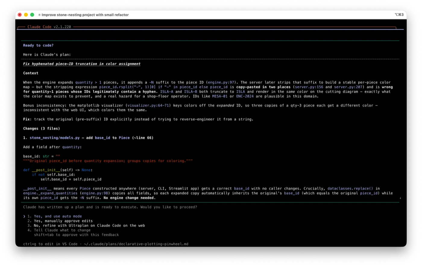 Claude Code in plan mode presenting a fix plan for a piece-ID truncation bug, with approval options at the bottom