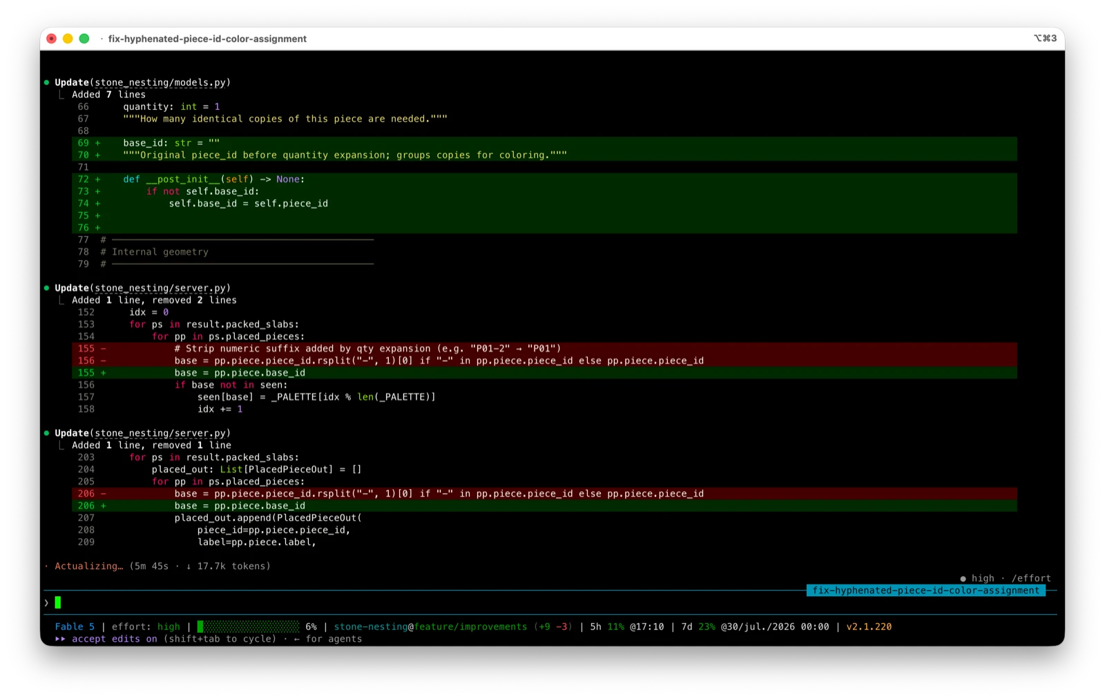 Claude Code applying a reviewed multi-file diff in a terminal session, running Fable 5 at high effort