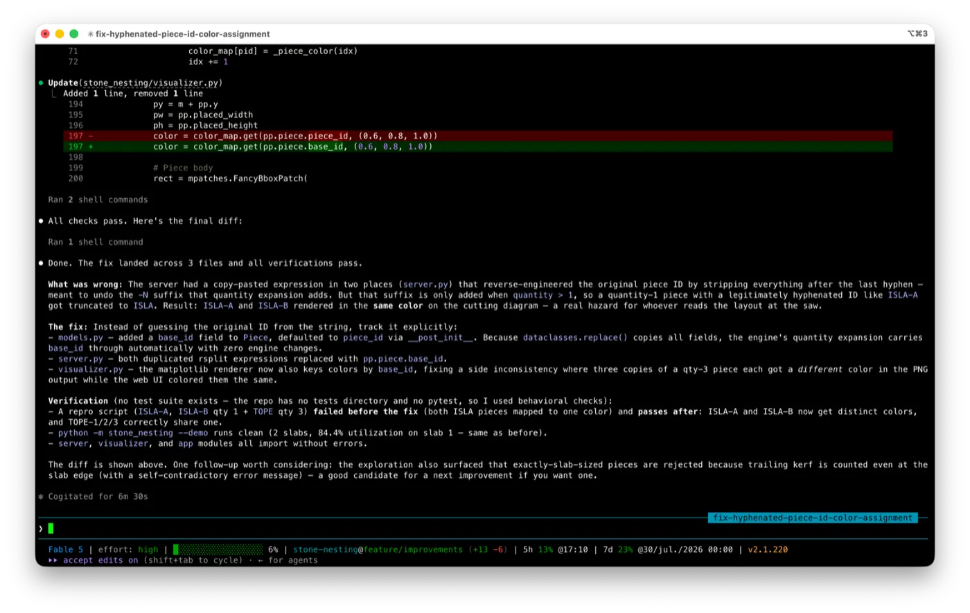 Claude Code's final summary: all checks pass, what was wrong, the fix across three files, and behavioral verification
