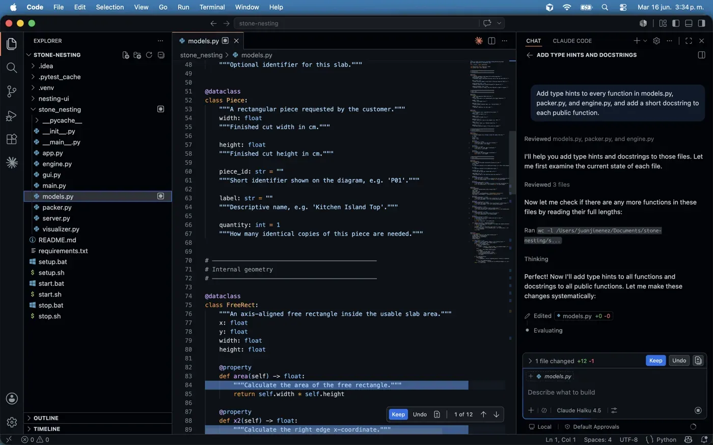 Claude Code running as a side panel inside VS Code, editing a file in a real project on the Claude Haiku 4.5 model