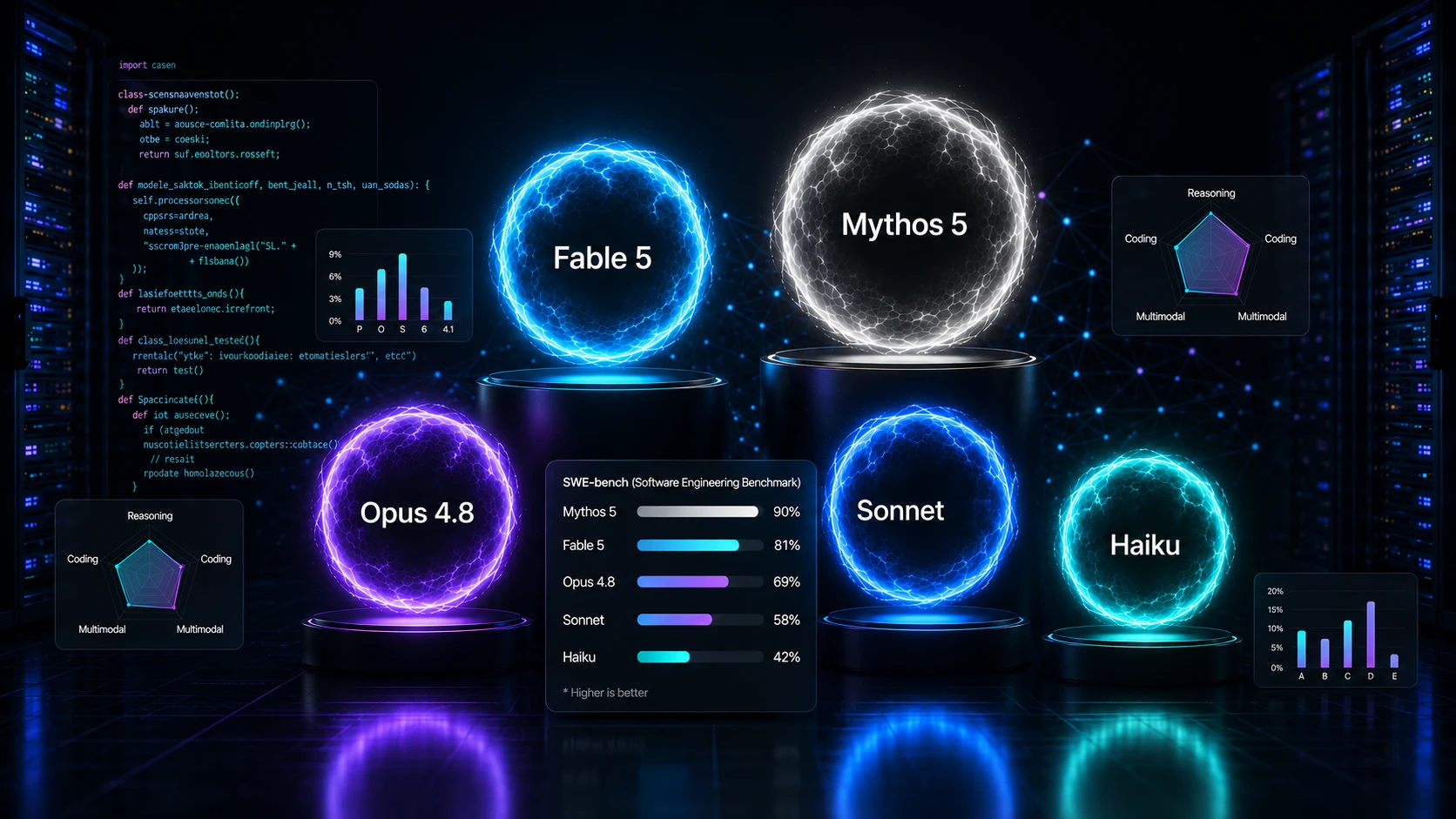 Stylized illustration of the Claude model lineup — Fable 5, Mythos 5, Opus 4.8, Sonnet 5, and Haiku — shown as glowing energy spheres on pedestals in a data center