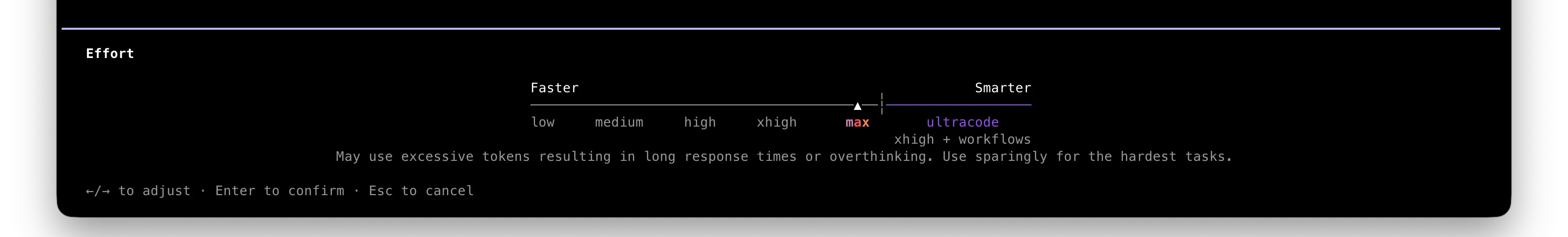 Claude Code's effort picker on Opus 4.8: a scale from Faster to Smarter running low, medium, high, xhigh, max, plus ultracode (xhigh + workflows) — with max selected and a warning that it can overthink