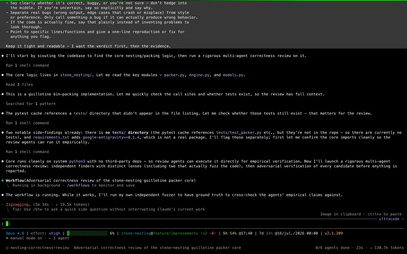 Opus 4.8 at xhigh effort in Claude Code's ultracode mode: it scouts the stone-nesting packer, flags that there are no tests and a fake dependency, then launches a six-agent adversarial correctness review plus its own fuzzer to cross-check