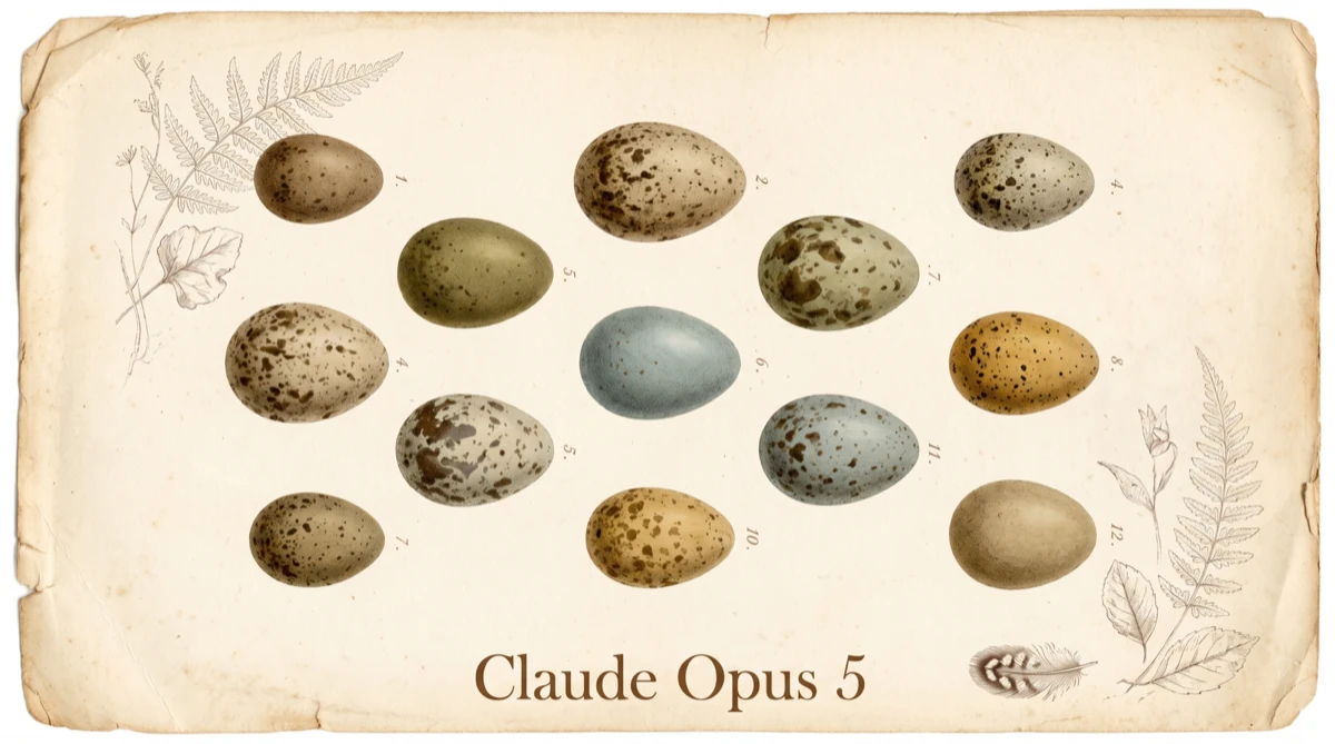 Vintage-style naturalist oology plate: about a dozen varied speckled bird eggs with catalogue numbers laid out in loose rows on aged cream paper, with fern and feather line-art in the margins and a serif 'Claude Opus 5' title