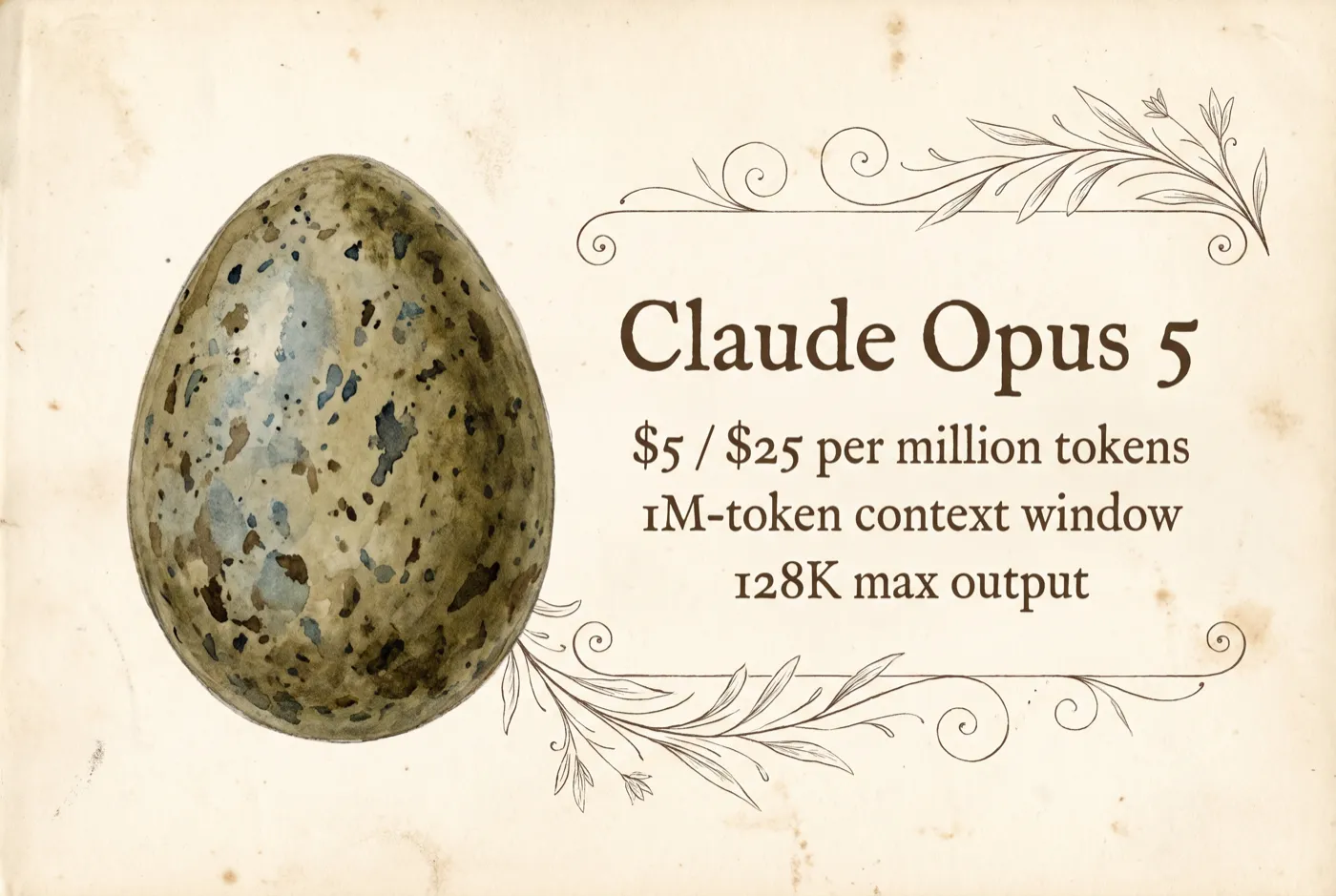 At-a-glance card for Claude Opus 5: a single speckled bird egg beside the specs — $5/$25 per million tokens, 1M-token context window, 128K max output — in a vintage naturalist style