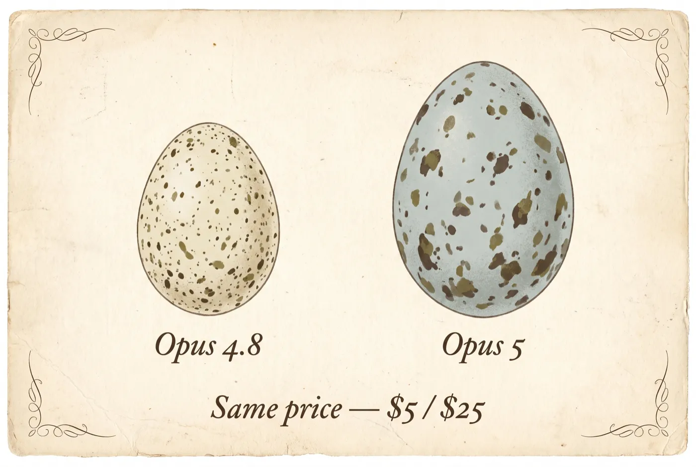 Two speckled bird eggs in vintage naturalist style — a smaller one labeled Opus 4.8 and a larger one labeled Opus 5 — captioned "Same price — $5 / $25"