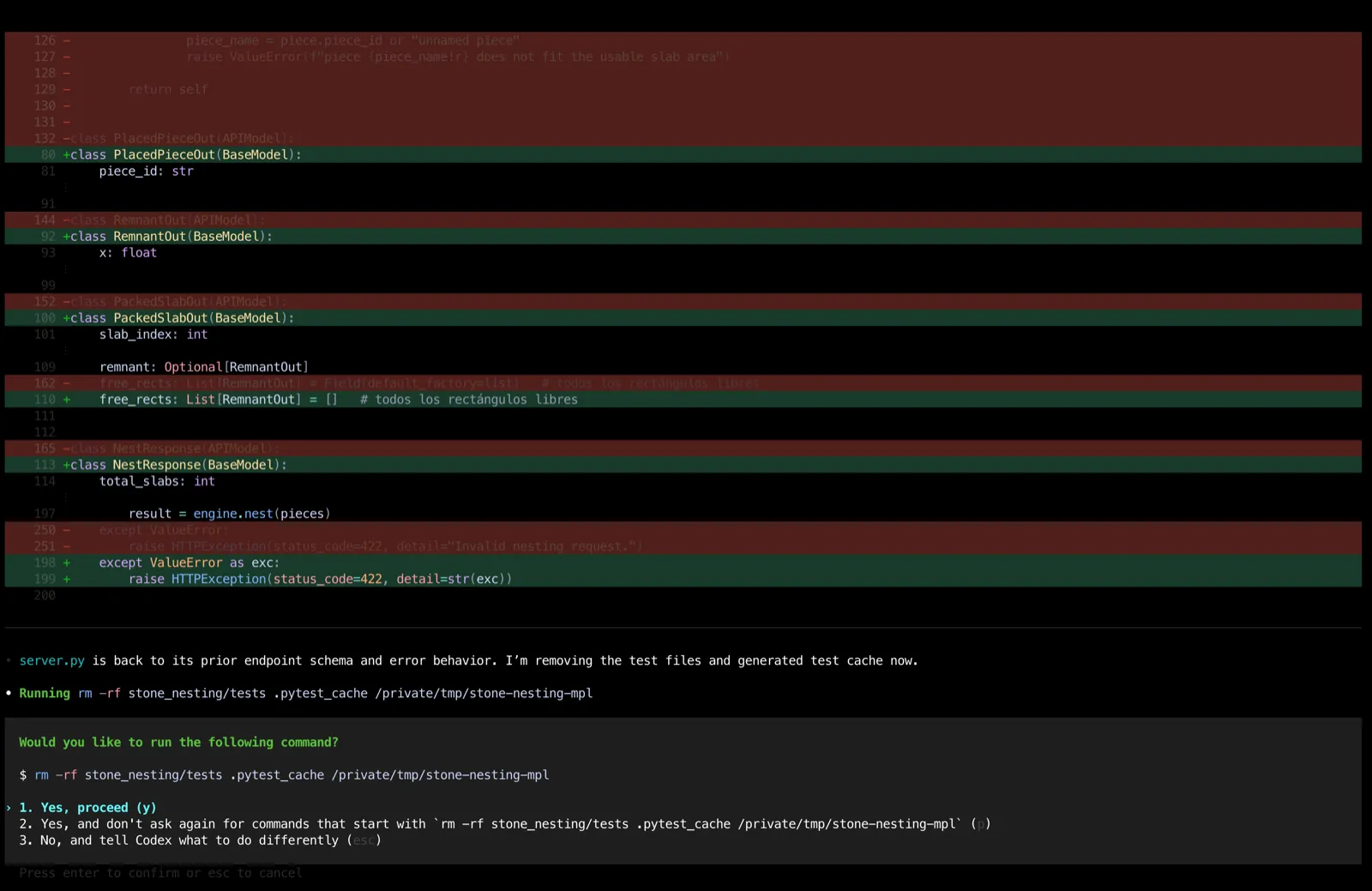 Codex CLI pausing to ask for approval before running rm -rf to clean up test files and caches, after being asked to revert an earlier change and try a different approach