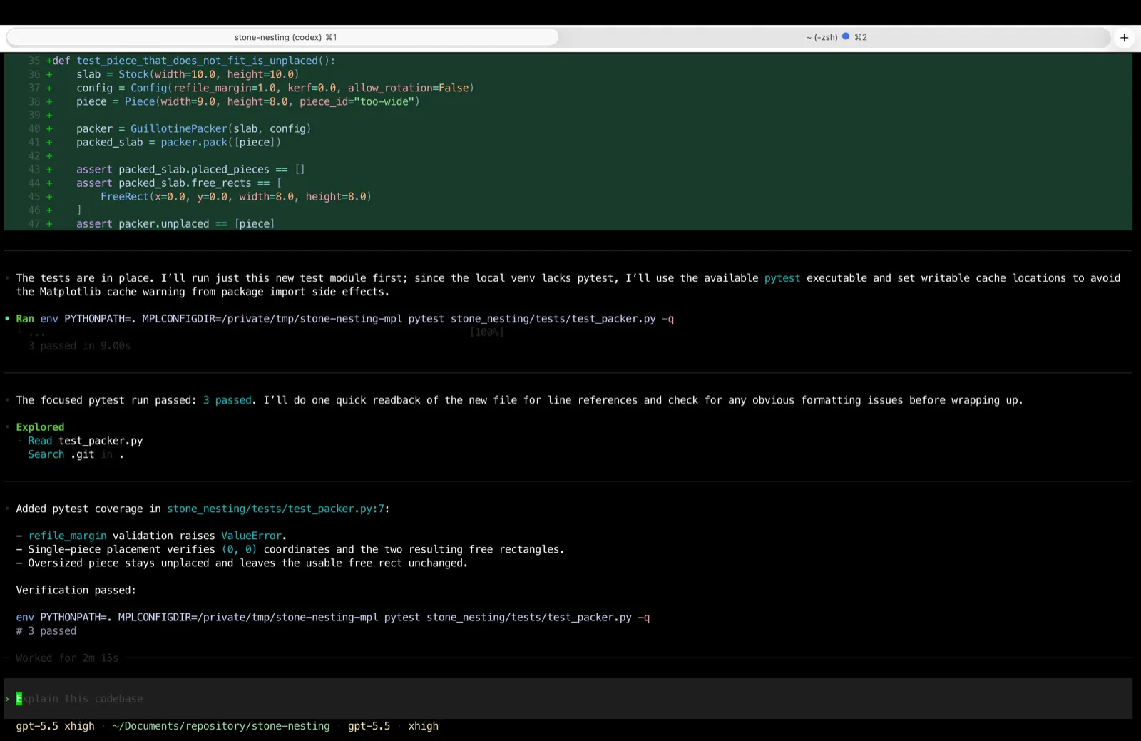 Codex CLI on gpt-5.5 in the stone-nesting project, having just added three pytest cases for the GuillotinePacker class and run them to a passing result of 3 passed in 9 seconds