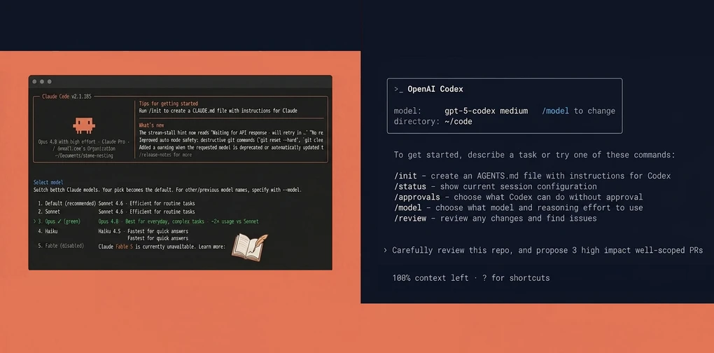 Claude Code and OpenAI Codex side by side in the terminal — Claude Code's model picker on Opus 4.8 with a CLAUDE.md tip, and Codex showing its /init (AGENTS.md), /approvals, /model and /review commands.
