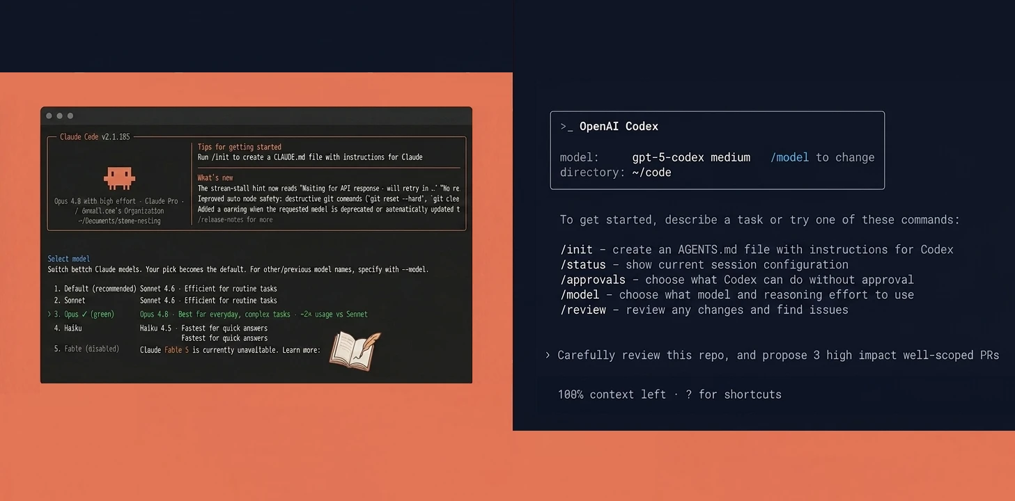 Claude Code and OpenAI Codex side by side in the terminal — Claude Code's model picker on Opus 4.8 with a CLAUDE.md tip, and Codex showing its /init (AGENTS.md), /approvals, /model and /review commands.
