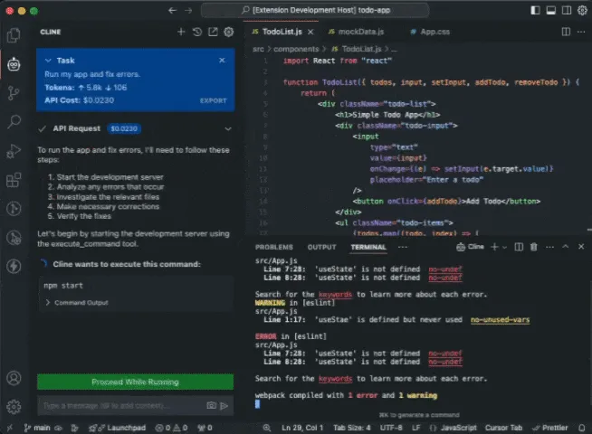 Cline's agent panel in VS Code pausing to ask approval before running npm start, with the task plan, token count, and a $0.02 API cost shown above the prompt