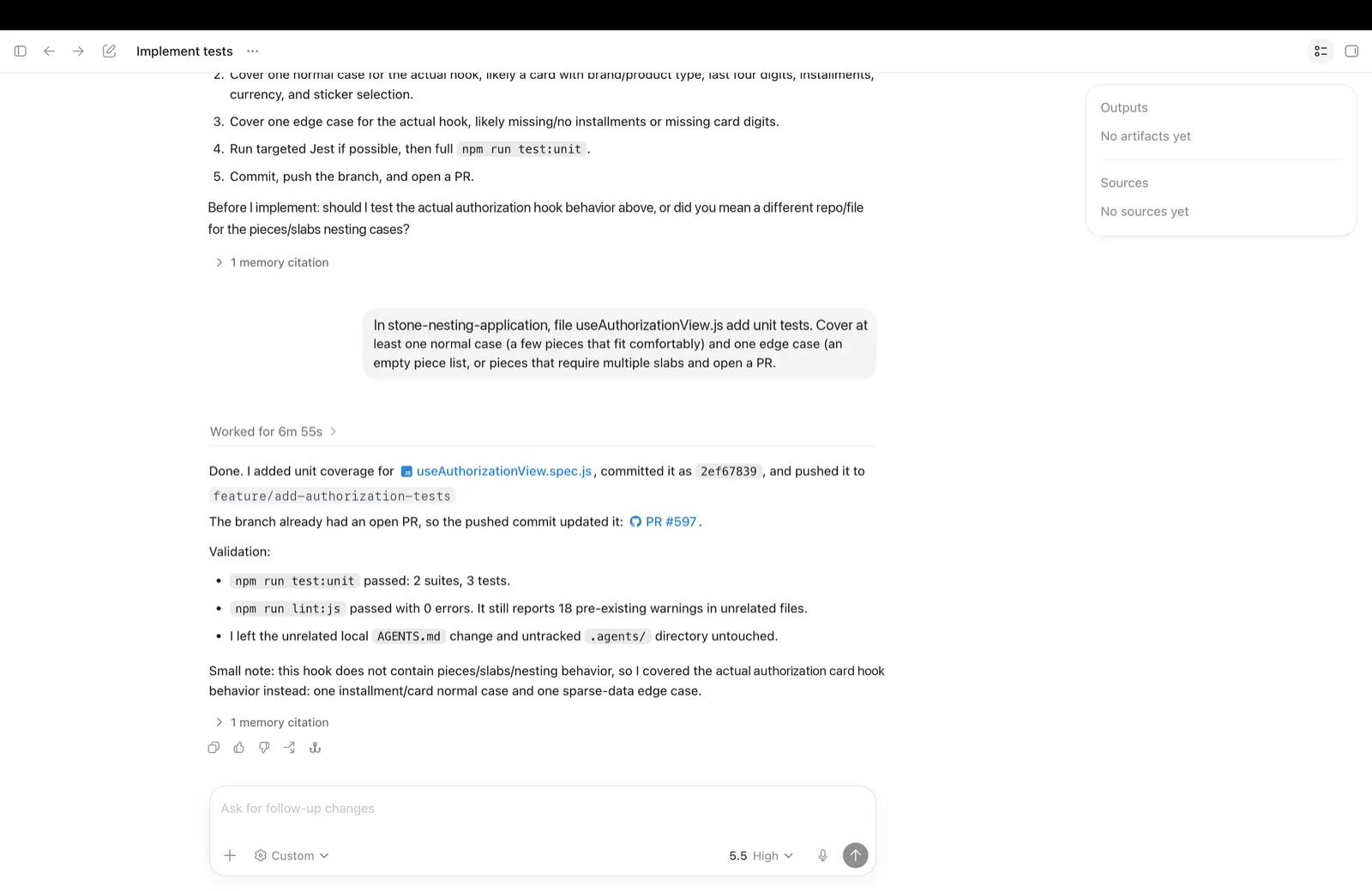The Codex app's cloud agent reporting a finished task — it added test coverage, ran the project's test and lint commands, committed the change, pushed it, and updated an existing open pull request, all without anyone supervising the run
