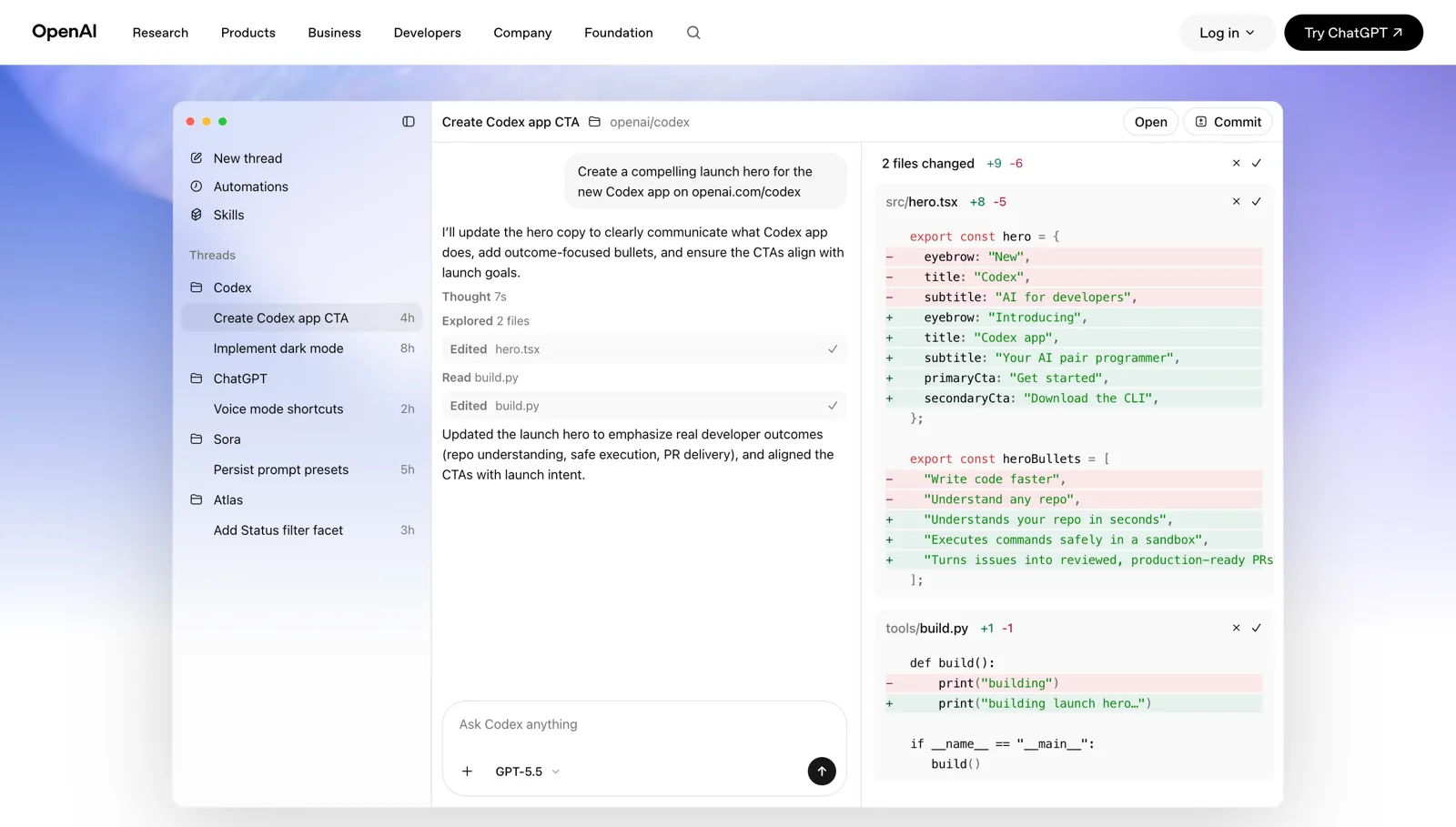 OpenAI's own openai.com/codex page showing the Codex app interface — threads sidebar, a sandboxed code-editing session with file diffs, and GPT-5.5 selected in the composer