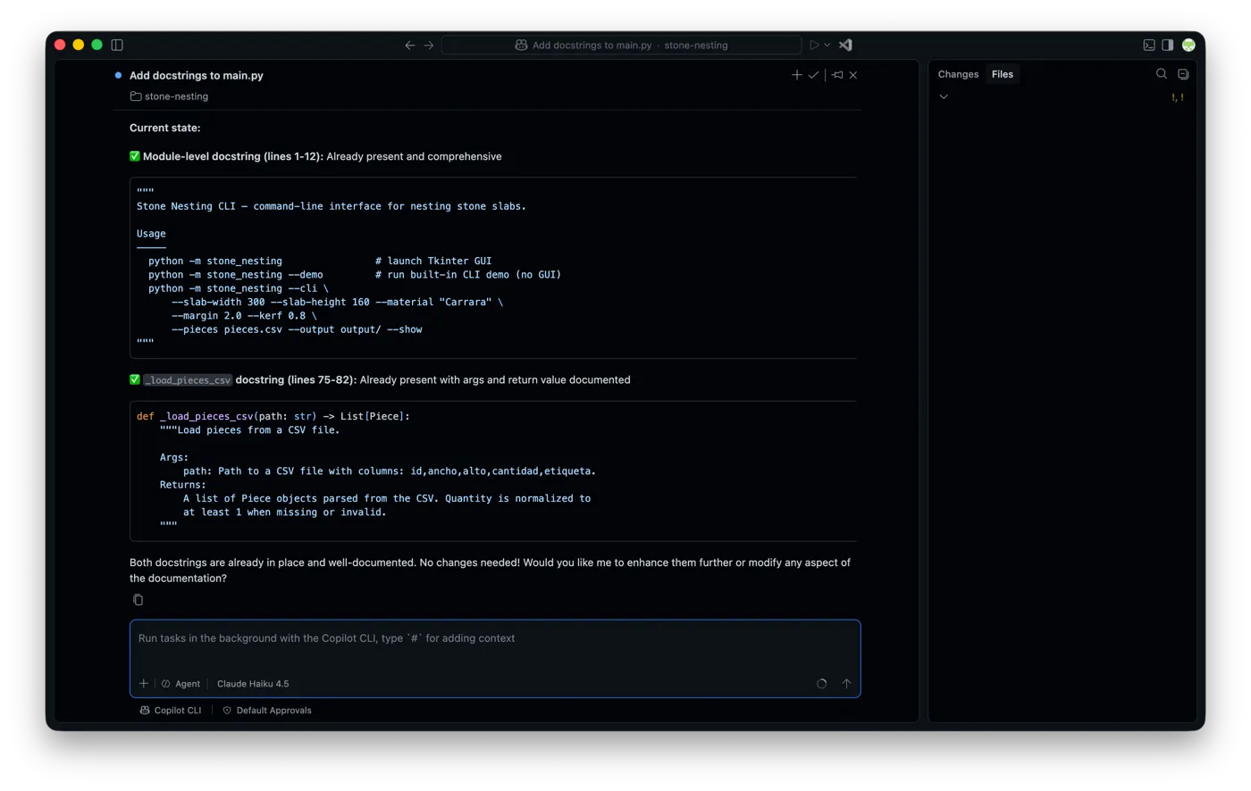 GitHub Copilot's Agent mode panel in VS Code, with a multi-step task running across several files