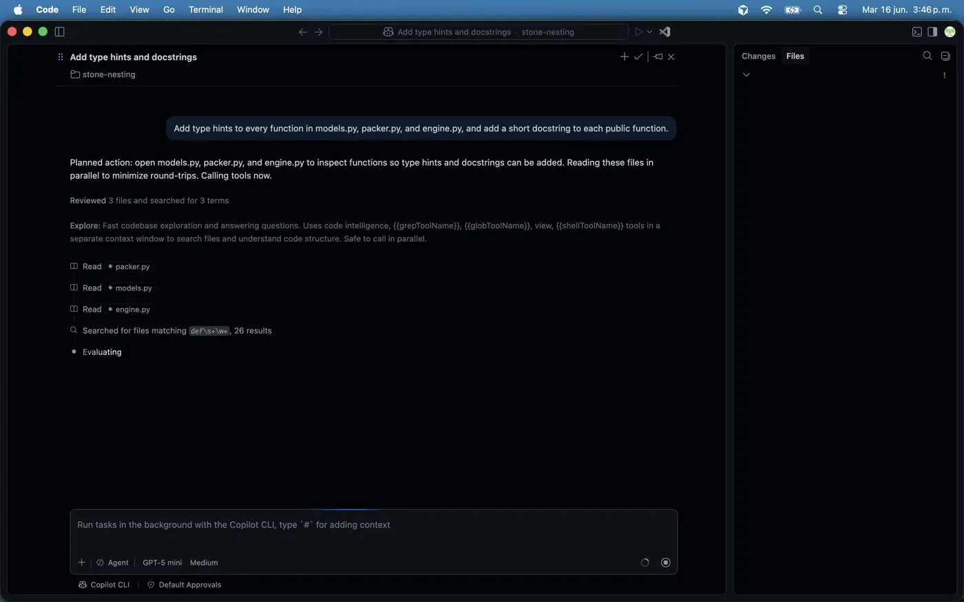 GitHub Copilot's Agent mode in VS Code reading three modules in parallel before editing, running the GPT-5 mini model