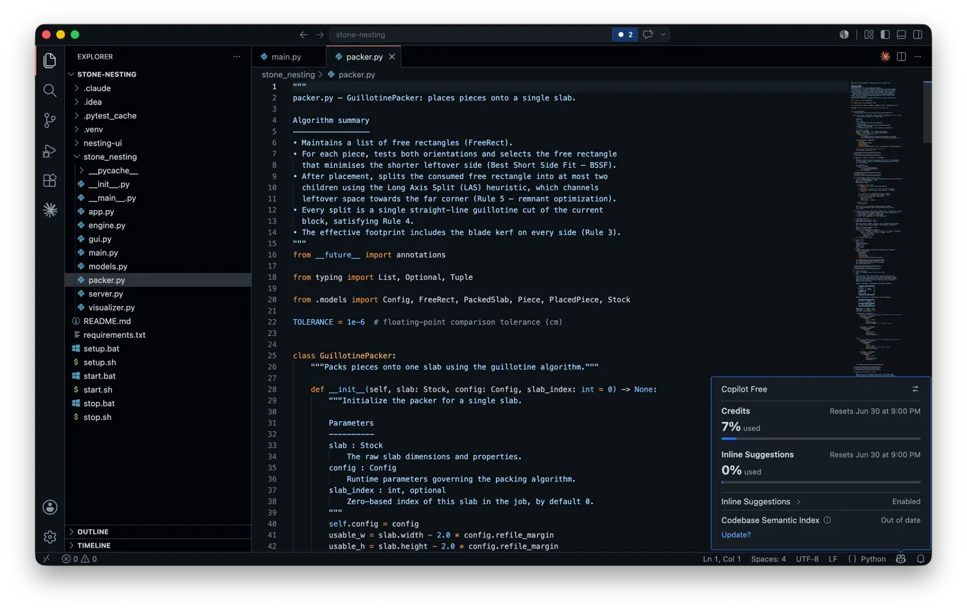VS Code showing the Copilot Free status panel — credits and inline-suggestion usage, with a monthly reset date