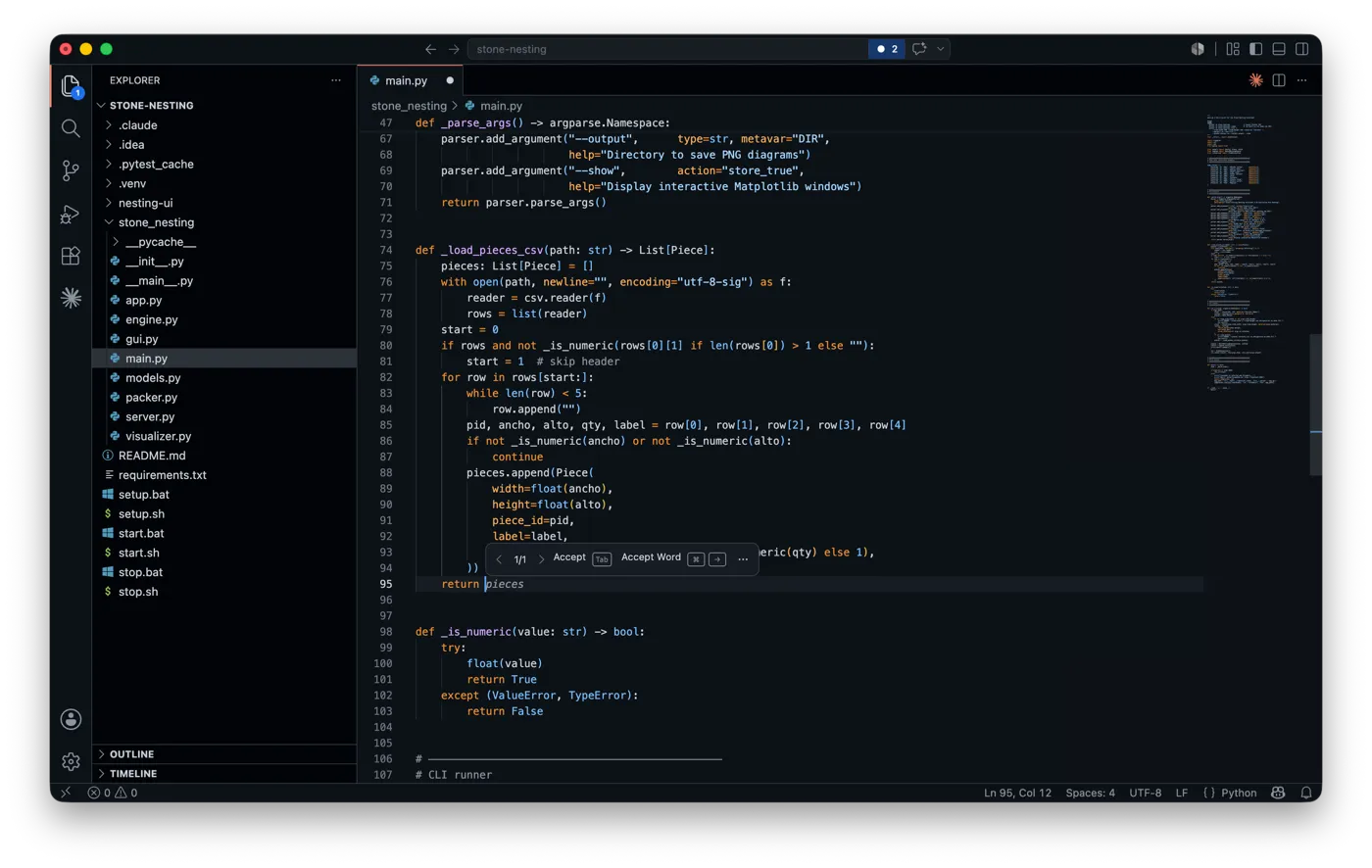 A Copilot ghost-text suggestion in a Python file — the proposed code shown in gray with the Accept / Accept Word toolbar