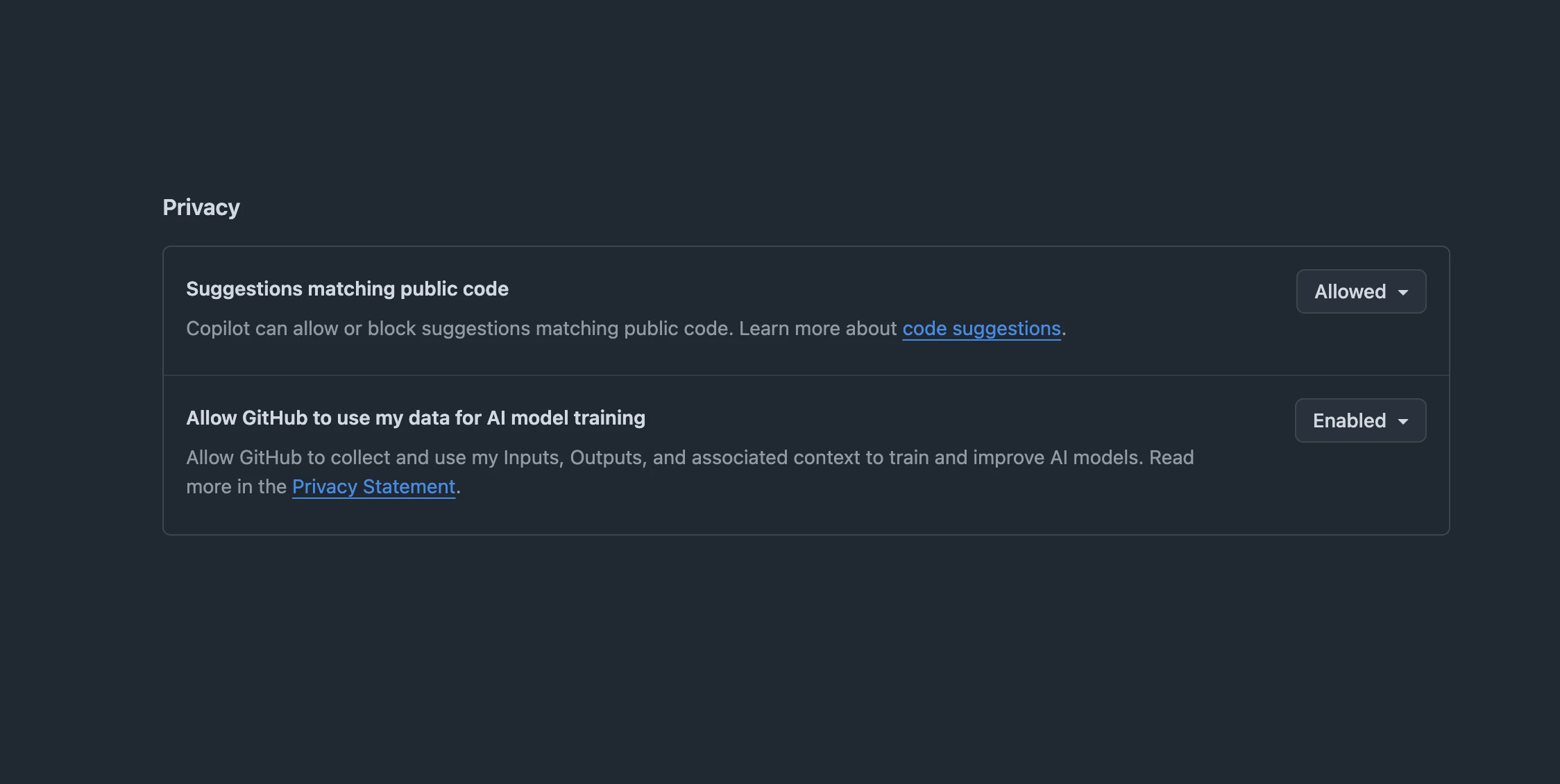 GitHub Copilot's Privacy settings page, showing Suggestions matching public code set to Allowed and Allow GitHub to use my data for AI model training set to Enabled