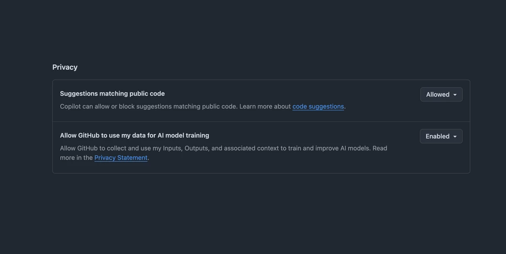 GitHub Copilot's Privacy settings page, showing Suggestions matching public code set to Allowed and Allow GitHub to use my data for AI model training set to Enabled