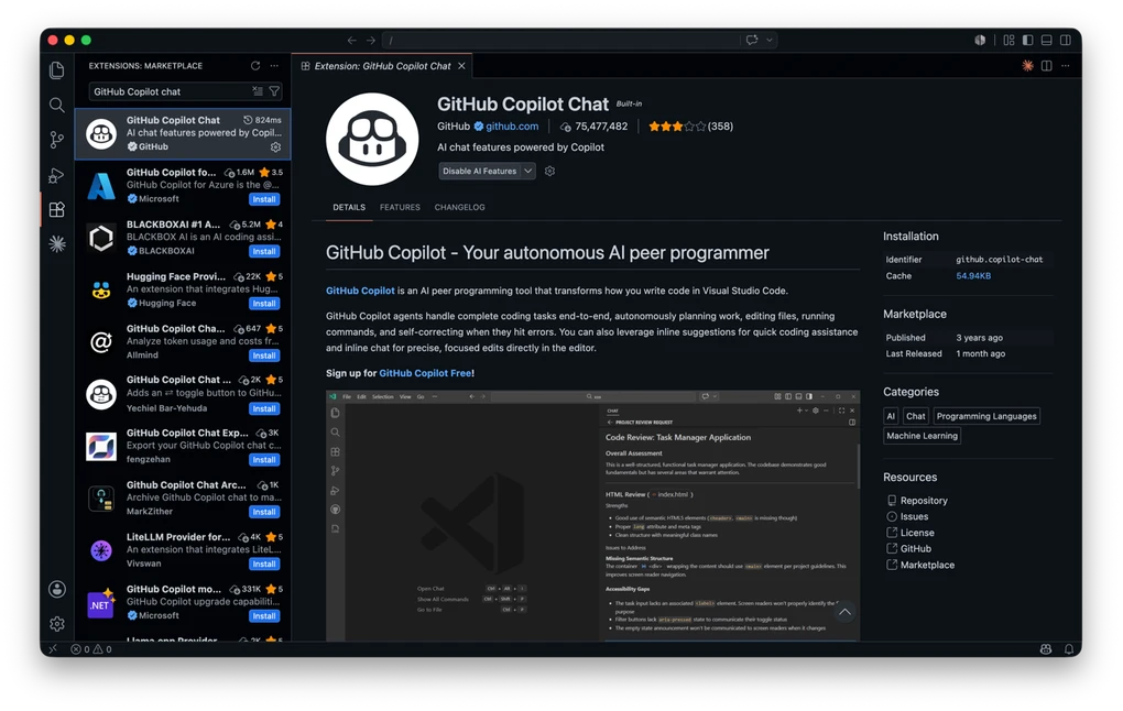 The VS Code Extensions Marketplace open on the official GitHub Copilot extension from the verified GitHub publisher