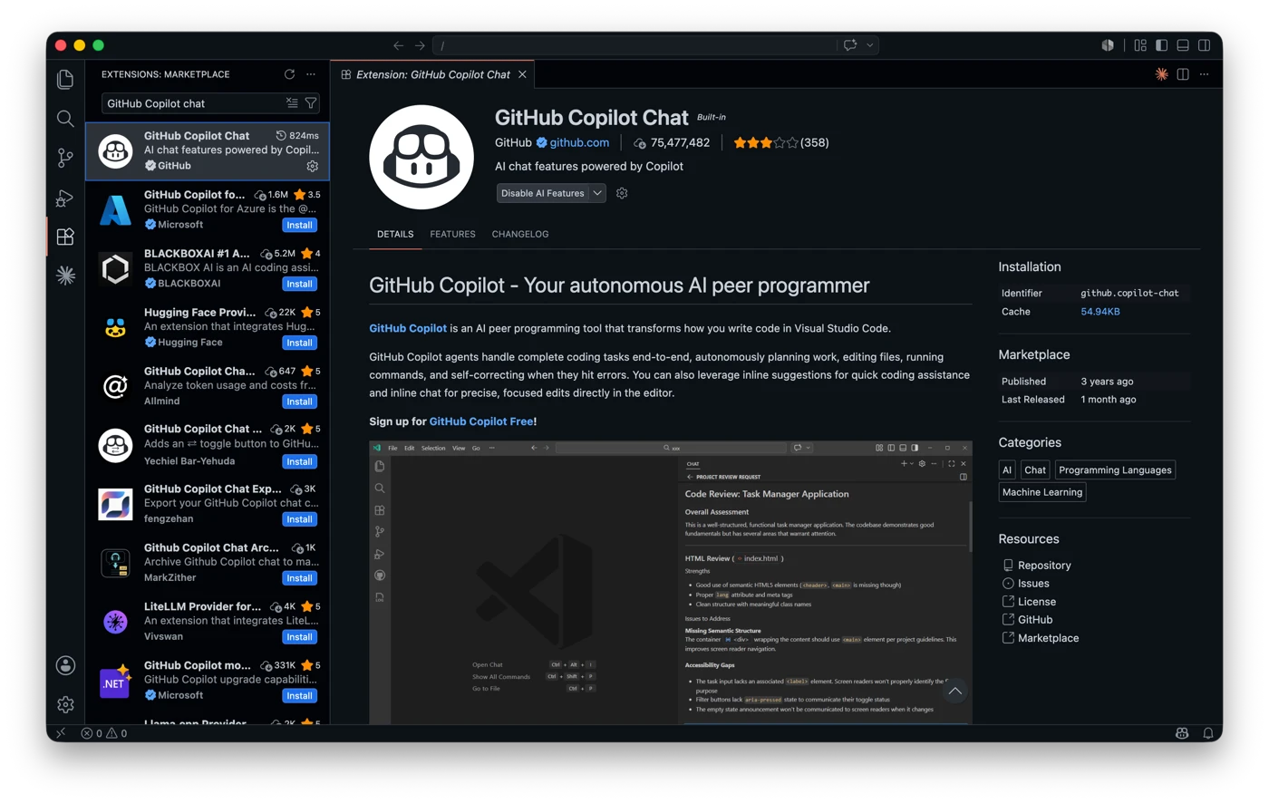 The VS Code Extensions Marketplace open on the official GitHub Copilot extension from the verified GitHub publisher