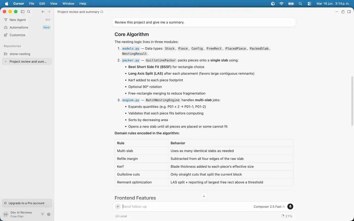 Cursor's Agent mode reviewing a real repository and producing a structured summary, running on the free plan with the Composer 2.5 model