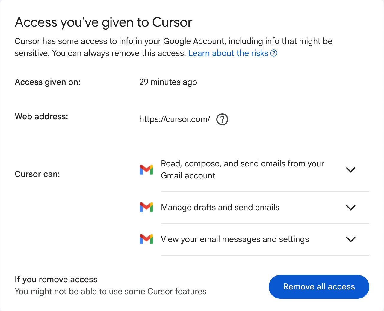 Google Account page titled 'Access you've given to Cursor', showing the grant date, cursor.com as the web address, and three Gmail permissions: read compose and send emails, manage drafts and send emails, and view your email messages and settings