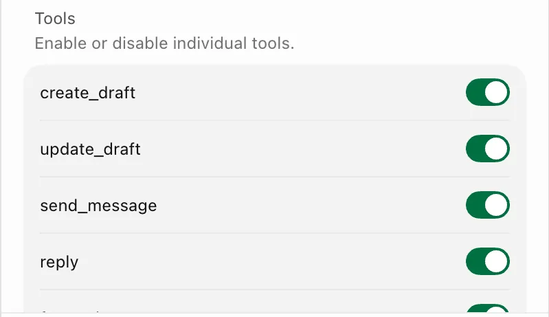 Cursor's plugin configuration panel listing the Gmail MCP tools, with create_draft, update_draft, send_message and reply each showing an enabled toggle